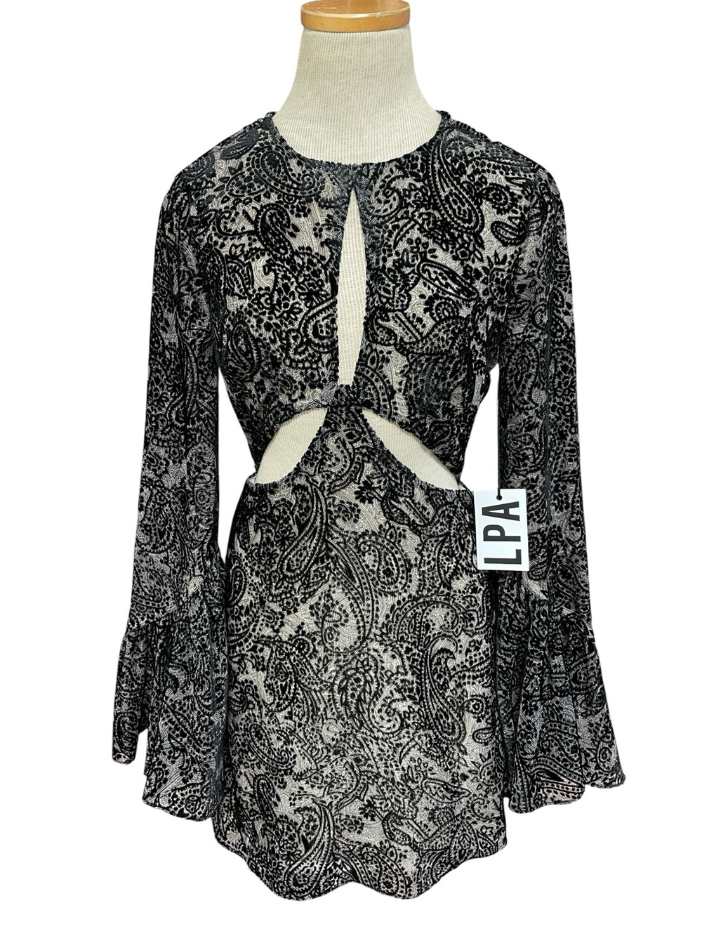 LPA Revolve Dress Cut Outs Bell Sleeves Black Paisley NWT Size XS